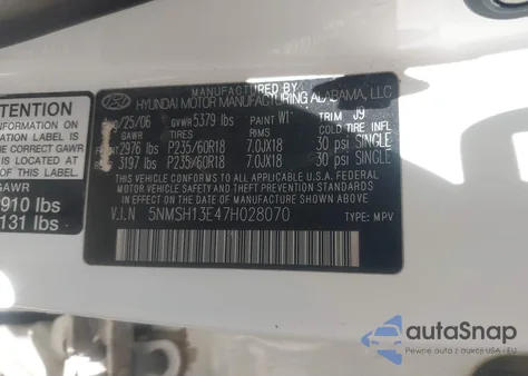 2007 Hyundai Santa Fe Limited/Se z USA, uszkodzony, nr VIN 5NMSH13E47H028070